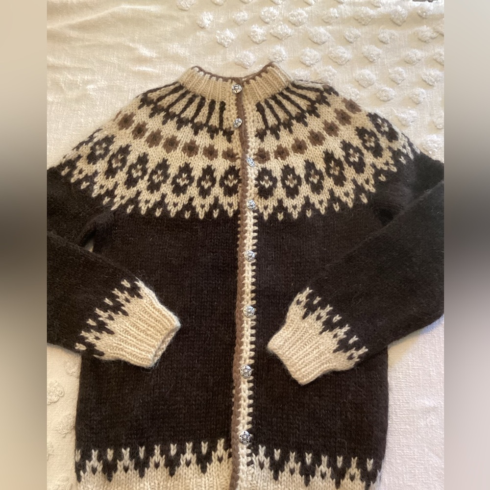 Nordic hand-knit wool cardigan with a Fair Isle yoke  Scandinavian Icelandic